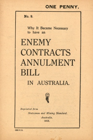 Cover page for enemy contracts annulment bill in Australia